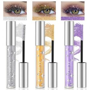 Mascara à paillettes, mascara imperméable, fard à paupières, mascara transparent, cils diamant pailletés en argent/or/violet, adapté pour les fêtes, mariages, scènes, 3 couleurs (WELONGE, neuf)