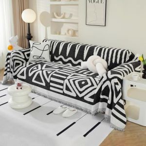 Royhom Housse de Canapé d'angle, Housse Canapé 2/3 Places, Noir Couvre Canape Chenille, Protege Canape Angle avec Glands Décoratifs, Anti-Rides, Boho Nior, 180x300 cm (Royhom Europe, neuf)