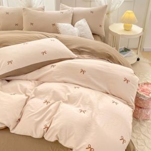 Michorinee Housse de Couette 140x200 Beige Marron Noeud Papillon Adulte 1 Personne Parure de Lit Microfibre Romantique Sets de Housses de Couettes avec Fermeture &Eacute;clair et 1 Taie d'oreiller 65x65 cm (AShanlan, neuf)