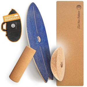 JUCKER HAWAII Balance Board Ocean Rocker - Planche d'&eacute;quilibre en bois - Planche d'&eacute;quilibre de surf pour enfants et adultes (Bleu + Rouleau + H&eacute;misph&egrave;re + Tapis en li&egrave;ge) (JUCKER HAWAII, neuf)