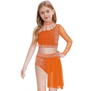 Linjinx Enfant Fille Justaucorps de Gymnastique Robe Danse Classique Lyrique Asymétrique Robe de Patinage Artistique Paillette et Jupe Tutu Costume Performance 5-16 Ans Orange 7-8 ans (Linjinx, neuf)