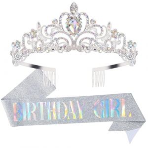 Couronne Anniversaire Femme Violet Cristal Couronne Echarpe Diademe Femme pour Fournitures de Fête de Joyeux Anniversaire, Faveurs, Décorations, Cadeau d'anniversaire pour Femme (#9/Girl) (iShang Direct, neuf)