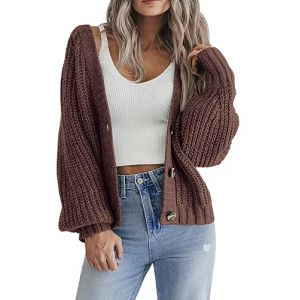 Hotouch Cardigan Femme Col en V Boutons Cardigan Court Uni Manches Longues Boléro Élégant Décontracté Marron XL (Hotouch Store, neuf)