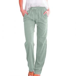 Femme Lin Pantalon Coton Lin Pantalon Léger Casual Elegant Pantalon Élastique Pantalon Décontractée Fluide Couleur Unie Mode Pants avec Poches Grande Taille Pantalon de Jogging à Cordon (Blingko, neuf)