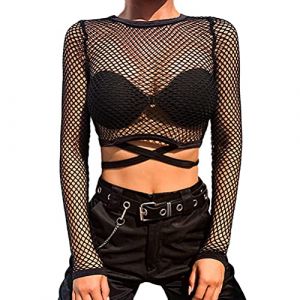 ORANDESIGNE Top Dentelle Sexy Transparent Haut T-Shirt Femme en R&eacute;sille Perspectif Manches Longues Crop Top Mesh Col Rond Chemise Slim Fit Babydolls Soir&eacute;e C Noir L (Wowmart Zoo X., neuf)