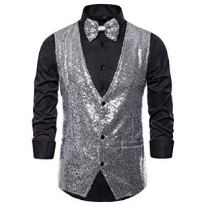 G&eacute;n&eacute;rique Gilet &agrave; Paillettes pour Homme Slim Fit Gilet de Costume avec N&oelig;ud Papillon Couleur Unie Veste Costume sans Manches pour Soir&eacute;e Disco Mariage C&eacute;r&eacute;monie F&ecirc;te Danse Party (NiceYear, neuf)