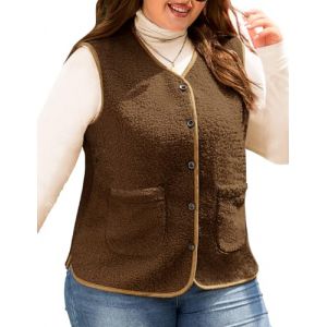 Yuson Girl Gilet Femme sans Manche Grande Taille Manteau en Polaire Hiver Chaude Fourrure Bouton Veste Chic Chaud Waistcoat Court Elegant Gilets Sherpa Molleton Vestes avec Poches(Caf&eacute;, XL) (YusonGirl, neuf)