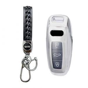 MEDZUK Coque Cl&eacute; Compatible avec Audi A3 8Y 2020-2024 2025 Coque de Protection pour cl&eacute; de Voiture TPU, Accessoire &Eacute;tui pour Cl&eacute;s avec Porte-cl&eacute;s (Argent) (MEDZUK-EU, neuf)