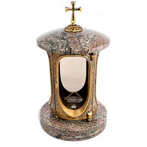 Lanterne funéraire élégante avec croix - Granit Paradiso - Hauteur : 27 cm - Diamètre : 15 cm - Lanterne funéraire - Lampe funéraire en granit bronze avec socle - Décoration funéraire (Naturstein-Produkte, neuf)