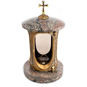 Afterglow Élégante lanterne funéraire Elégant avec croix en granit Paradiso - Hauteur : 27 cm - Diamètre : 15 cm - Lanterne funéraire en granit bronze avec socle - Décoration funéraire (Naturstein-Produkte, neuf)