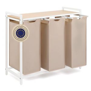 Blumtal panier a linge 3 compartiments - meuble de salle de bain avec effet bambou - panier a linge 3 compartiment - étagère en métal - bac deux sections avec cadre métallique sur pieds - teinte crème (Everbrent, neuf)