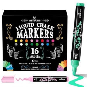 WINSONS Lot de 16 marqueurs &agrave; craie pour tableau noir, lavable, marqueur de fen&ecirc;tre effa&ccedil;able, marqueur craie pour verre, fen&ecirc;tre, tableau blanc, tableau mural, 6 mm (WINSONS, neuf)