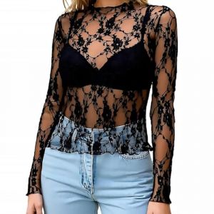 Hauts Transparent Femme Sexy en Dentelle à Manches Longues Top Mesh Haut en Maille Chemisier Voir à Travers T-Shirts, S-XL (FR/ES, Alpha/Lettres, TG, Taille Normale, Taille Normale, Noir) (ZhangZhizhan store, neuf)