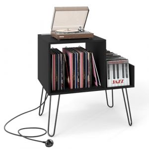 COSTWAY Support Tourne-Disque avec Prise, Meuble Tourne-Disque Vinyle pour 145 Albums, Station de Charge, 2 Ports USB, 4 Pieds Amovibles, 3 S&eacute;parateurs, &Eacute;tag&egrave;re sur Table (Noir) (FDS GmbH, neuf)