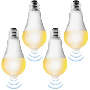 Aicharynic 4 ampoules LED E27 avec détecteur de mouvement : ampoules LED avec détecteur de mouvement PIR E27 lumière LED 12 W blanc chaud 3000K E27 pour couloir, garage, escaliers, balcon (SOLEILDU, neuf)