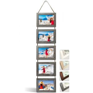 NEOWS Cadre Photo Multiple avec Corde pour Suspendre au Mur - Lot de Cadres Décoratifs pour Accrochage Mural Vertical - Porte Portrait Pele Mele - Photos 10x15 (Chêne Gris, 5 Photos Horizontal) (NEOWStore, neuf)