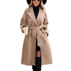 CMTOP Manteau Femme Long Chic et &Eacute;l&eacute;gant Trench Coat Femme &agrave; Double Boutonnage et &agrave; Revers, Classique Couleur Unie Coupe-Vent Manteaux avec Ceinture et Poches pour Printemps Automne Hiver(Kaki,L) (Lemens, neuf)