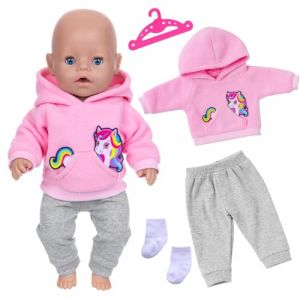 Lot de 4 v&ecirc;tements de poup&eacute;e pour poup&eacute;es de 14 &agrave; 18 pouces, nouveaux v&ecirc;tements de poup&eacute;e de dessin anim&eacute; mignons pour poup&eacute;es de 30 33 35 45 cm, poney rose - Sweat &agrave; capuche + pantalon gris + (luoyong-EU, neuf)
