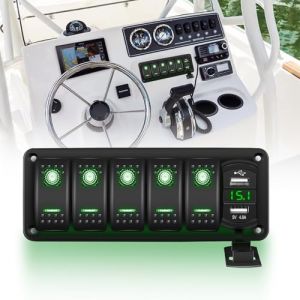 Chelhead 5 Gang Panneau de commutateur pour bateaux, chargeur USB double avec &eacute;clairage arri&egrave;re LED vert, pr&eacute;-c&acirc;bl&eacute;, panneau de commutateur &agrave; bascule en aluminium avec voltm&egrave;tre (Chelhead, neuf)