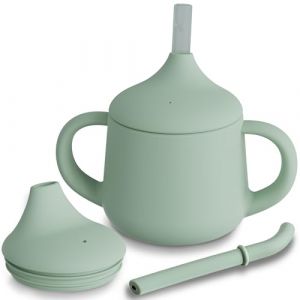 Moonkie Tasse Apprentissage Bebe 3 Etapes, Verre Bebe Apprentissage Anti Fuite, Gobelet Paille Bebe Silicone, Tasse Bébé avec Poignées et Paille, Adapté au Lave Vaisselle 4 oz(Vert Gris) (moonkie store, neuf)