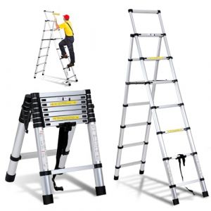 Ikodm Échelle télescopique pliante en aluminium - 2 m + 2,3 m - 6 + 7 marches - Pour réparation de toit - Taille pliée : 69 cm - Capacité de charge : 150 kg Argent A-cadre GOL-9072-M1c (GreenThumbs EU, neuf)