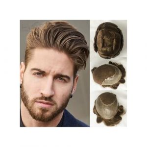 Perruque pour homme, Cheveux humains postiches durables dentelle mince syst&egrave;me de remplacement for hommes Toupees noeuds blanchis suisse dentelle avant avec perruque masculine,Perruque blonde(Medium (zhuyanbo, neuf)