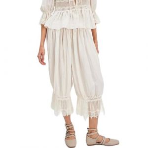 ThiCc Pantalon Long Bloomer pour Femme - Pantalons Victoriens &agrave; Bordure en Dentelle Y2K Taille &Eacute;lastique Robe de Chambre &agrave; Volants en Citrouille Pantalon Confortable de D&eacute;tente &agrave; Taille Moyenne Capri (piaopiaostore, neuf)