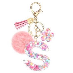 JSRQT Porte-clés Rose avec Initiale S pour Femmes Filles, Nom Porte-clés en Résine Lettres Alphabet à Paillettes et Fleurs, Pompons Pendentifs Bijou de Sac Keychain pour Sac à Main et Sac à Dos (JSRQT-JR, neuf)