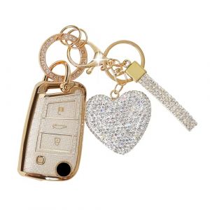 ZVRSUA Coque de Clé de Voiture pour VW Clés de Voiture avec Porte-Clés Diamant Cœur,Étui Clé Voiture Compatible avec VW Golf 7 Mk7 Polo Jetta Tiguan Touran Seat Leon Fabia Ibiza Skoda (Argent) (SENBAODZ, neuf)