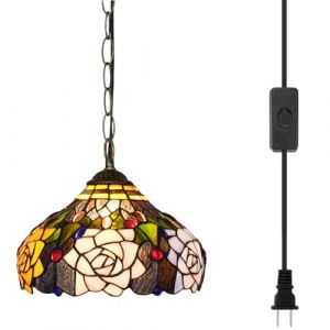 Blivuself Luminaires suspendus Tiffany Fleurs roses Lampe suspendue en vitrail 12 pouces Style antique Lampe &agrave; brancher pour maison &Icirc;lot de cuisine Salle &agrave; manger Salon Couloir Comptoir Bar (oufutify, neuf)