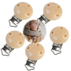 5Pcs Attache Tetine Bois, Clip Attache Tetine, Pince Attache Tetine, Silicone Bouton Anneau, Adaptateur de Sucette, pour Fixation Aux Vêtements et Clips, Pratique et Sûr (Bois Naturel) (YuLianKeJiZi, neuf)
