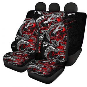 Jeiento Lot de 4 housses de siège de voiture décoratives motif dragon pour sièges avant et arrière, accessoires de voiture pour homme et femme, noir (Jeiento, neuf)