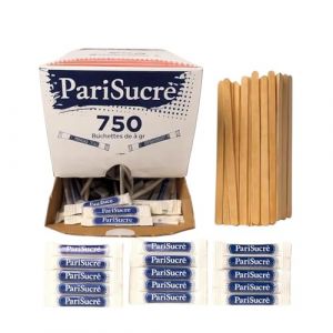 Lot de 750 Sachets Bûchettes Individuels de 4g (3kg) avec un lot d'agitateurs en bois - Idéal pour les Boissons Chaudes, Cafés et Thés (Euro Deco, neuf)