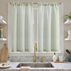 TOPICK Rideau Voilage Court à Rayure Vert sur Beige L 65 x H 115 cm, Rideaux Moderne Semi Transparent en Effet Lin, Brise-Bise d'Interieur pour Fenetre Placard Salon 2 PCs (Audrey Home Fashion, neuf)
