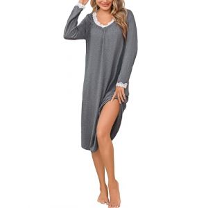 Litherday Chemise de Nuit Femme Coton Longue Robe de Nuit Col en V Nuisette Femme Dentelle V&ecirc;tements De Nuit Hiver (YUNQU-EU, neuf)