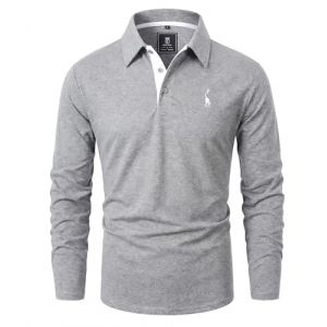 GLESTORE Polo Homme Manches Longues Polos Golf T-Shirt Broderie Girafe Casual Coton Shirt Gris Fonc&eacute; L (KFLY LOUNER, neuf)