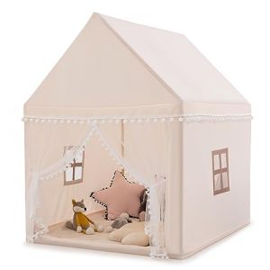 COSTWAY Tente de Jeux Enfant avec Tapis Doux & Lavable, Maison de Jeu en Château de Style Princesse en Coton, Cadre en Bois pour 3-4 Garçons et Filles, 120x105x140cm (FDS GmbH, neuf)