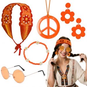 Deguisement Hippie Femme, 5pcs 60s 70s Lunette Hippie Incluent Bandeau &agrave; Tricot de Fleurs, Bracelet, Lunettes de Soleil Hippie, Collier Signe de Paix et Boucles d'oreilles Robe Fantaisie (Orange) (AffeGifts FR, neuf)