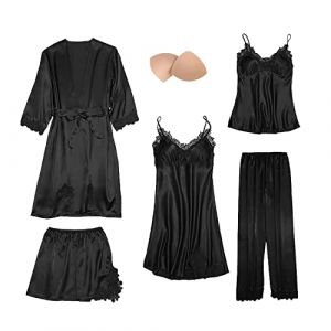 QraraZL Femme 5 pièces Satin Pyjama Set, Dentelle Kimono Robe Pyjama Set, Sexy Négligé Short et Pantalon Long Chemise de Nuit 5-pièces, avec Coussinets de Sein Noir S (beauty us, neuf)