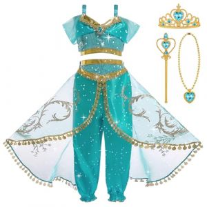 BSBUY Deguisement de Princesse Jasmine Fille, Robe de Princesse Aladdin Enfant, Costume de Princesse Fille, Robe de Soirée Fille, Déguisement Halloween Anniversaire Vêtements Carnaval Cosplay-120 (BSBUY, neuf)