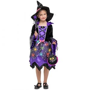 ZUCOS Costume de sorcière pour enfant avec lumières - Costume d'Halloween pour fille - Costume de carnaval - Cosplay - Robe de princesse violette (violet, 3-4 ans) (JinXing Party Store, neuf)