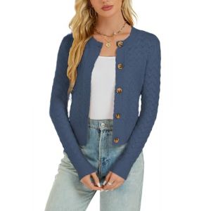 Bol&eacute;ro Femme Cardigan Court Gilet Veste Tricot Bouton Manches Longues &Eacute;vid&eacute;e Robe T Shirt Bretelle Chic R&eacute;tro El&eacute;gante Soir&eacute;e F&ecirc;te D&eacute;contract&eacute; Bleu Jean M (Enjyam, neuf)