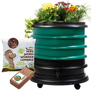 WORMbox | Lombricomposteur 3 Plateaux Vert Foncé + Jardinière + 250gr de vers de Compost + 1 Bloc Coco | 48 litres | Compostez Vos déchets organiques, Les vers de Terre / lombrics / lombricompost (Ferme du Moutta, neuf)