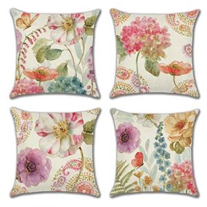 OCEUMACO Housse de Coussin 50x50 Fleuri Hippie D&eacute;coratif Housses Coussins pour Canap&eacute; Lit Chaise Salon Lot de 4 Fleurs Jardin Boh&ecirc;me Taie d'oreiller en Lin Indien Moderne - Rose Violet (Oceum, neuf)