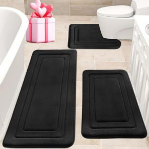 Wlian Lot de 3 tapis de bain en mousse &agrave; m&eacute;moire de forme antid&eacute;rapants, absorbants, r&eacute;sistants &agrave; l'eau, doux pour le bain et la toilette, doux (noir, 120 x 50 cm + U50 x 60 cm + 50 x 80 cm) (WlianJp, neuf)