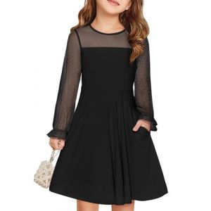 Haloumoning Robe de princesse festive pour fille - En maille contrast&eacute;e - Manches longues bouffantes - Robe d'&eacute;t&eacute; &eacute;l&eacute;gante - Ligne A - Col rond - Avec poches - Pour 6-14 ans, Noir , 7-8 ans (Zecio, neuf)