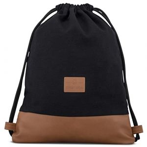 Johnny Urban Sac à Dos Cordon Coton Noir/Marron - Luke - Sac de Gym avec Poche pour Homme et Femme - Sac à Cordonnet Premium à partir de Toile de Coton et Cuir Végétalien (Ecom-Brands, neuf)