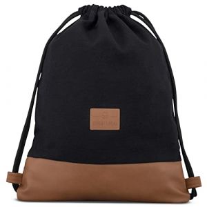 Johnny Urban Sac à Dos Cordon Coton Noir/Marron Sac de Gym avec Poche pour Homme et Femme - Sac à Cordonnet Premium à partir de Toile de Coton et Cuir Végétalien (Ecom-Brands, neuf)