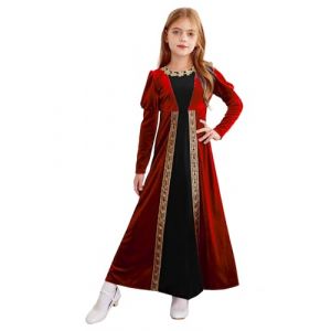 Riismen Robe D&eacute;guisement M&eacute;di&eacute;vale Renaissance Manches Longes Enfant Fille Robe en Velours Cosplay Princesse Victorien Costume Halloween Carnaval Rouge 13-14 Ans (Riismen, neuf)