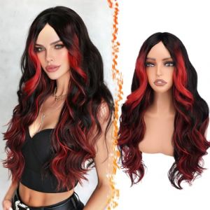 BARSDAR Perruques Longue Ondul&eacute;e Noir Rouge Highlight avec Frange, 71cm Rouge Noir Ombre Perruque pour Femmes Aspect Naturel Synth&eacute;tiques Cheveux Perruque Halloween Costume Perruques (BARSDAREU, neuf)